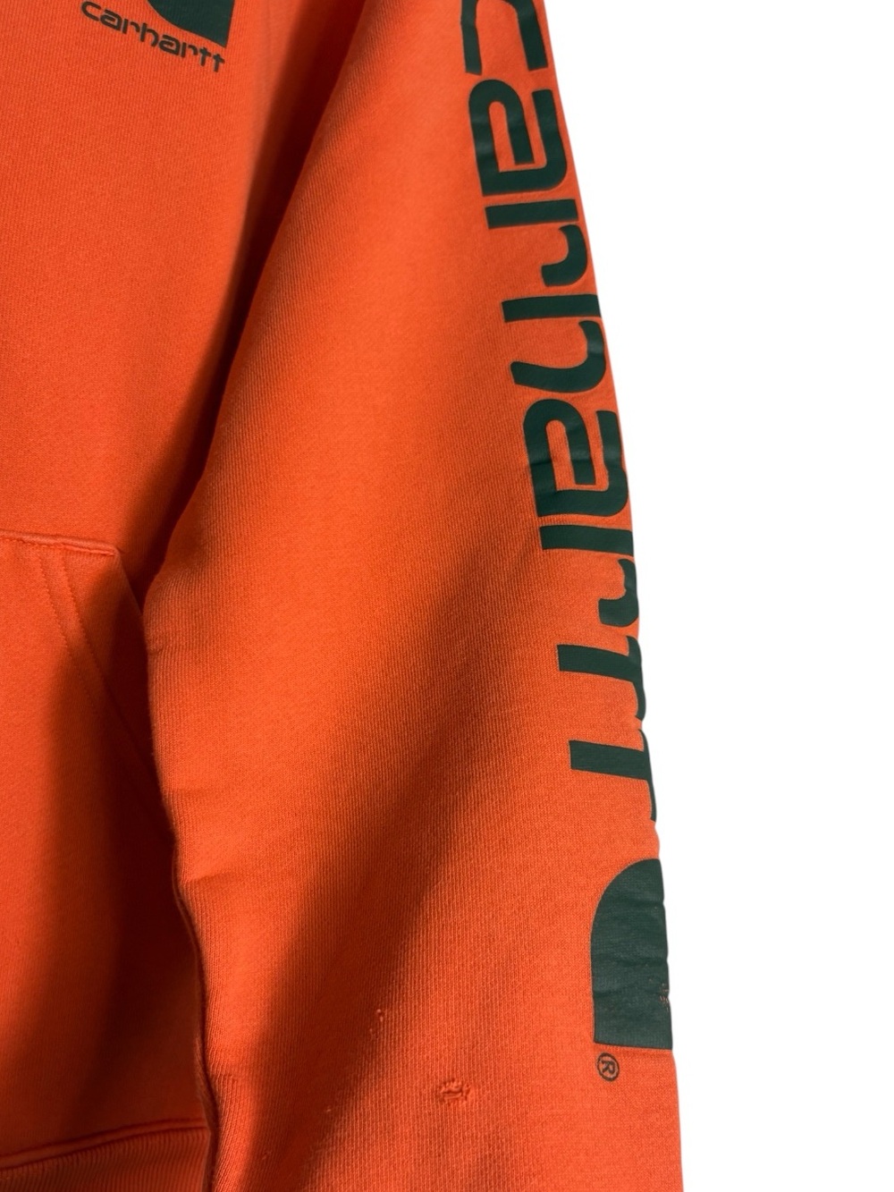 CARHARTT Kid's Orange Hoodie w/ Black Logo Sleeve Size L (14-16) -- Minor holes - Picture 10 of 12